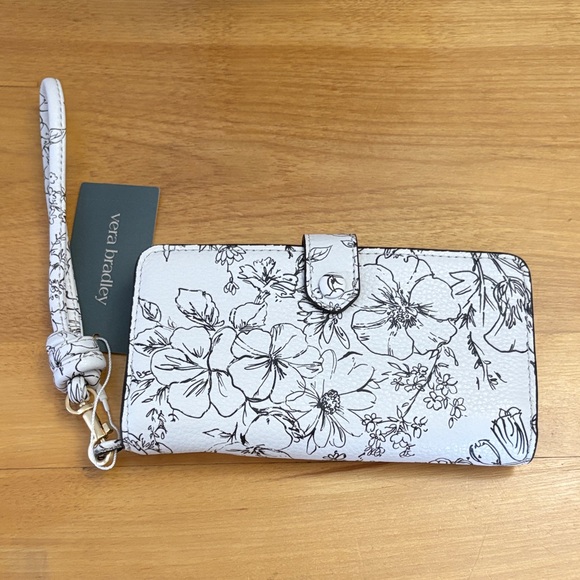 NEW Vera Bradley Black & White Leather Phone Wristlet Wallet Bloom Cottage Cream - Picture 2 of 14